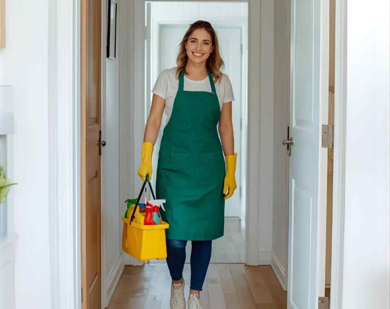 Smiling cleaner entering a home with supplies for home cleaning in palm coast