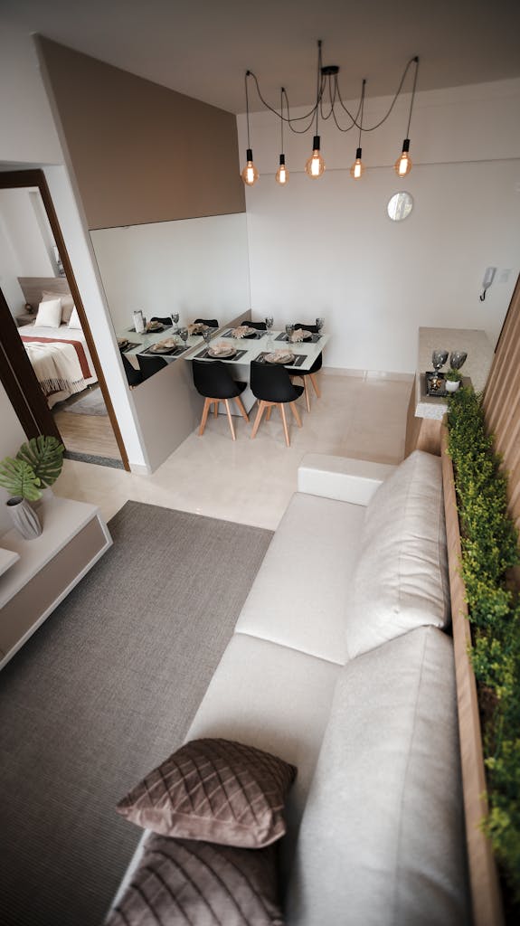 A contemporary dining area with stylish decor and comfortable seating for a homely feel.