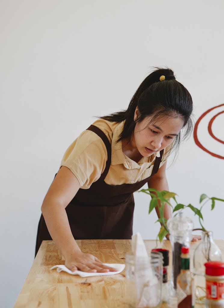 Asian woman wiping a wooden table in a restaurant, showcasing small business operations.