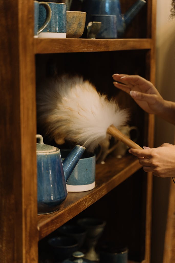St. Augustine 17 Hands cleaning pottery on a wooden shelf with a dusting brush, emphasizing home maintenance.
