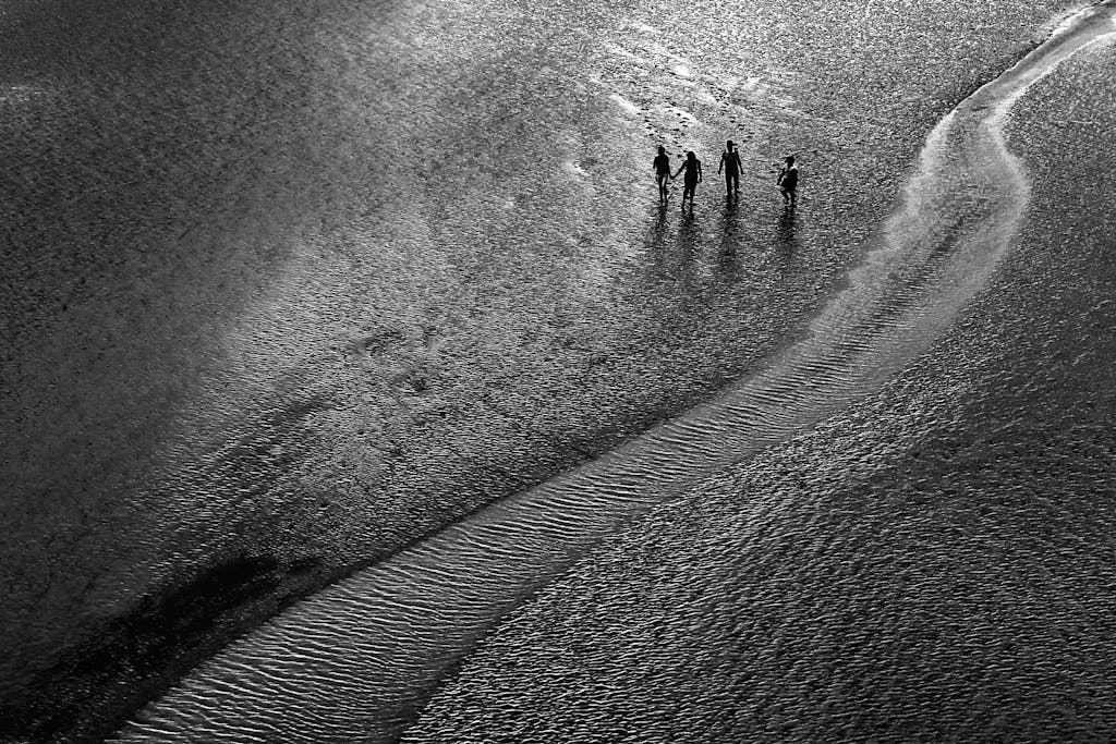 Monochrome aerial view of people walking along a beach path, evoking adventure.